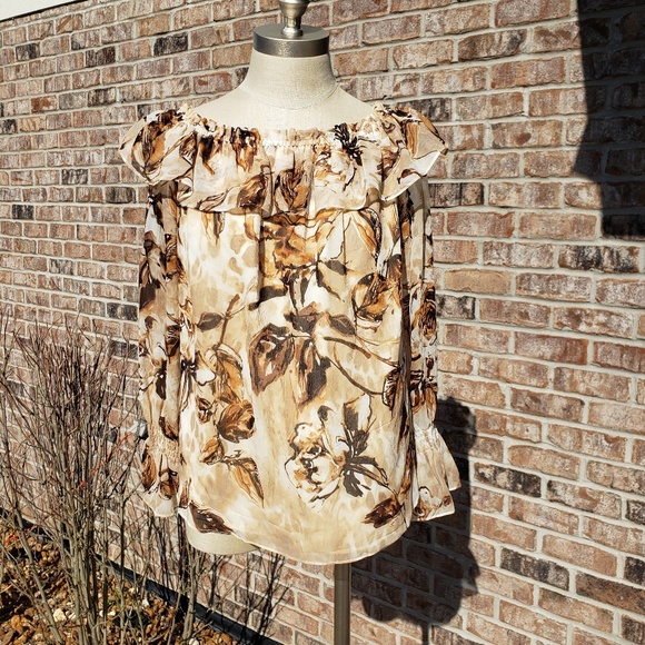 EUC ST. JOHN Silk Pleated Layer Top Brown/Cream 8 - Picture 1 of 7